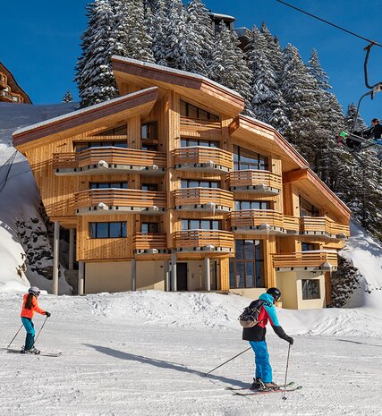 Exterior view of VIP SKI luxury chalet Beluga and Ossettra in Avoriaz on sunny winter day