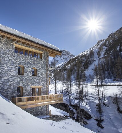 Exterior of luxury VIP SKI chalet in Val d'Isere on sunny winter day