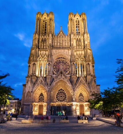 Reims Cathedral lit up by floodlights