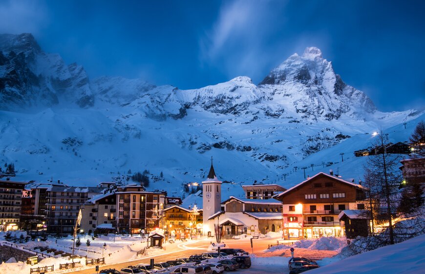 Night image of the ski resort of Cervinia with Matterhorn in background