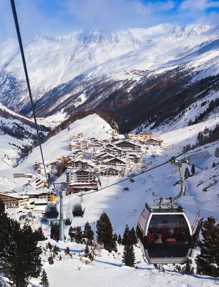 The ski resort of Obergurgl from above showing gondola with skiers in