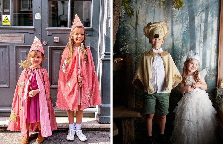 Smiing young children wearing selection of luxury dressing up outfits from Babu Clothing