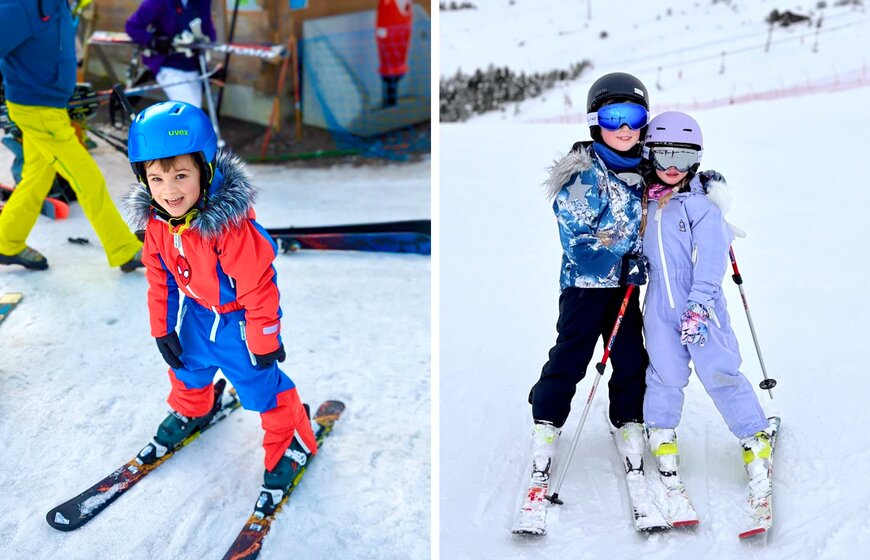 Three smiling children wearing ski wear rented from Babu Clothing