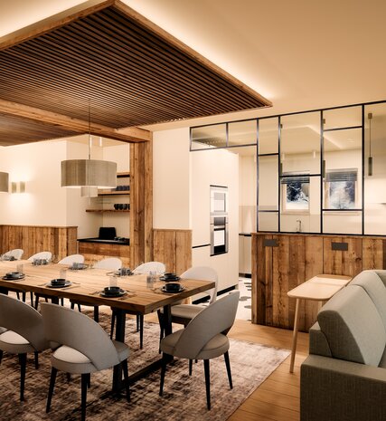 CGI image of contemporary dining area in new Graciosa luxury chalet in La Plagne