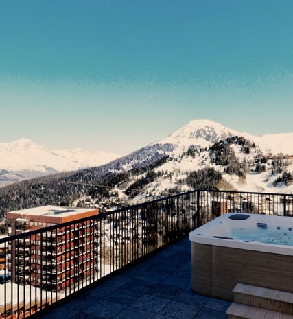 CGI image of exterior views from penthouse balcony with hot tub in new Graciosa luxury chalets in La Plagne