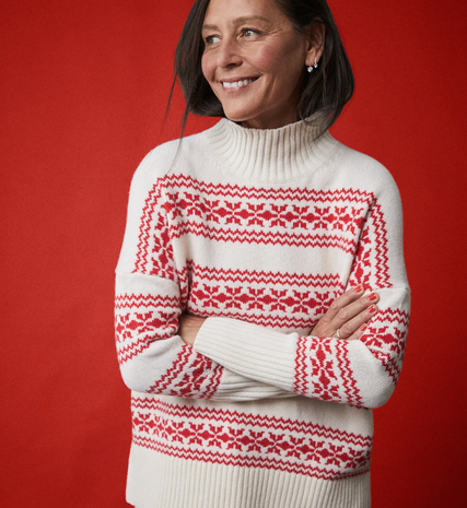 Cream polo neck knit with red fair isle pattern from Boden