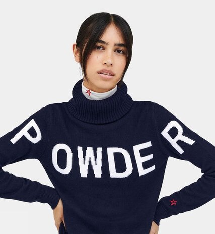 Navy poloneck jumper with white POWDER written across chest and sleeves from Snow + Rock