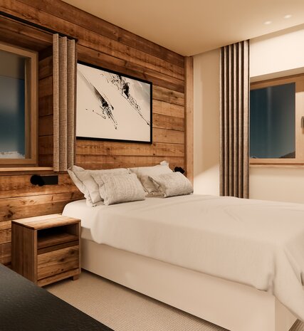 CGI image of contemporary bedroom in VIP SKI's Graciosa luxury chalets in La Plagne