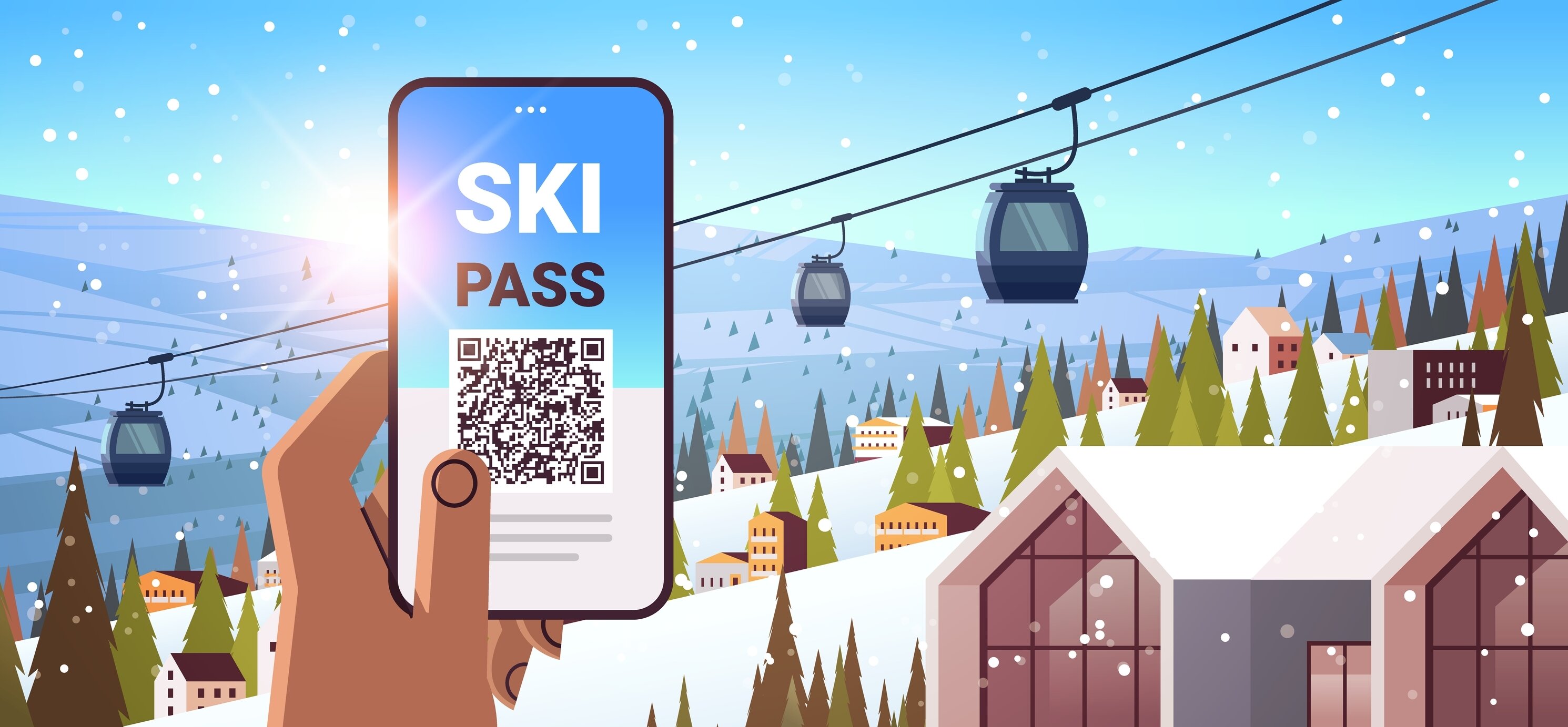 Animated hand holding phone with ski pass on screen and gondolas in the background