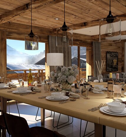 Large dining area with table set for dinner