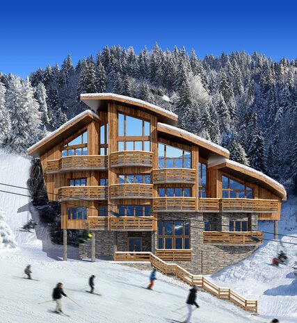 Contemporary wooden, stone and glass Chalet Beluga in Avoriaz with skiers and ski lift in front of building