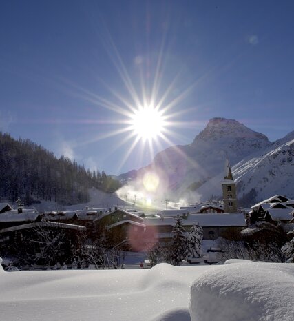 Snowy Val d'Isere village on a sunny day