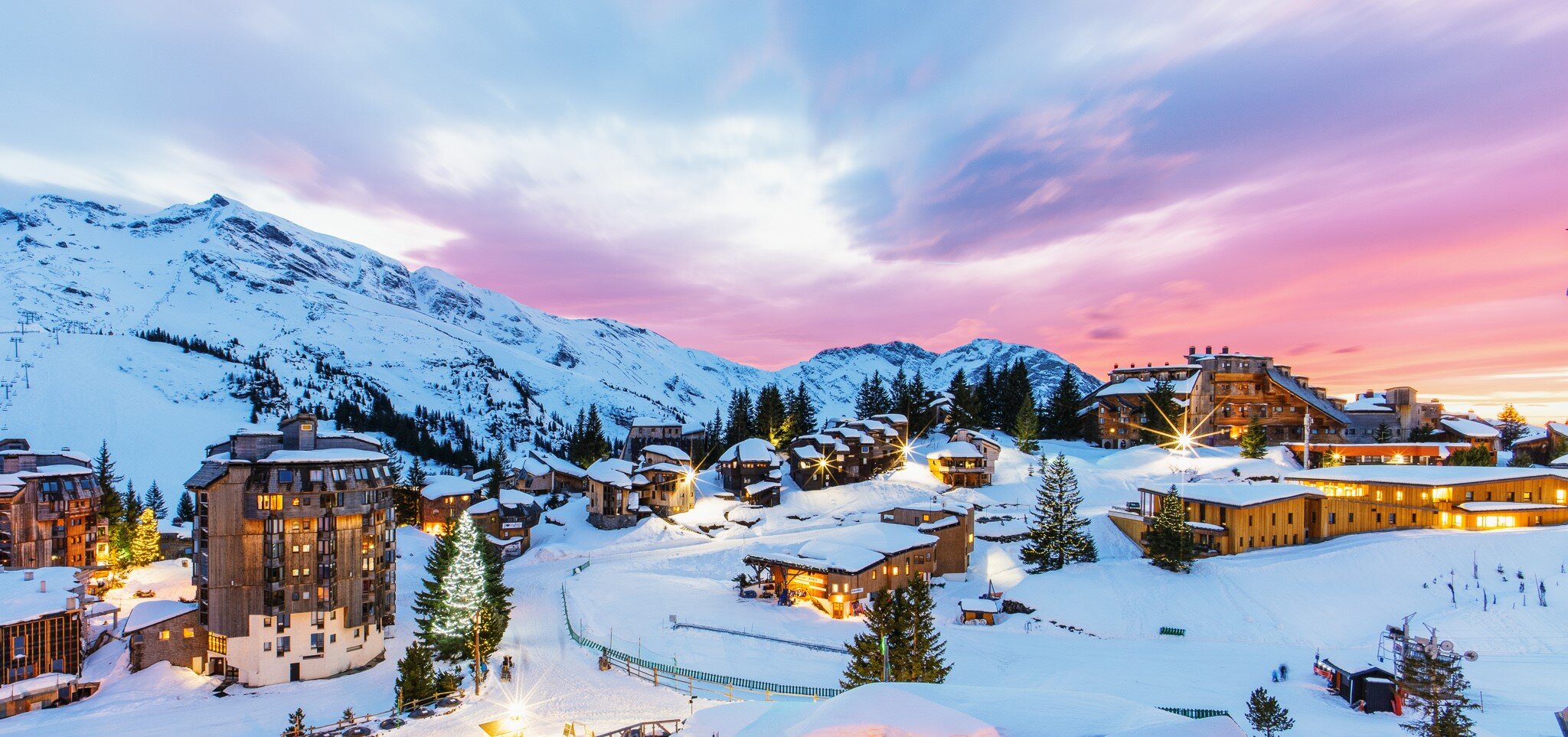 View of Avoriaz ski resort at night taken from Chalet Sakami